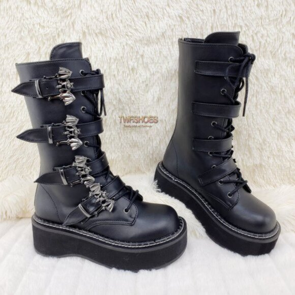 Goth Platform Combat Boots Bat Buckle Straps Emily 322 - Picture 1 of 13